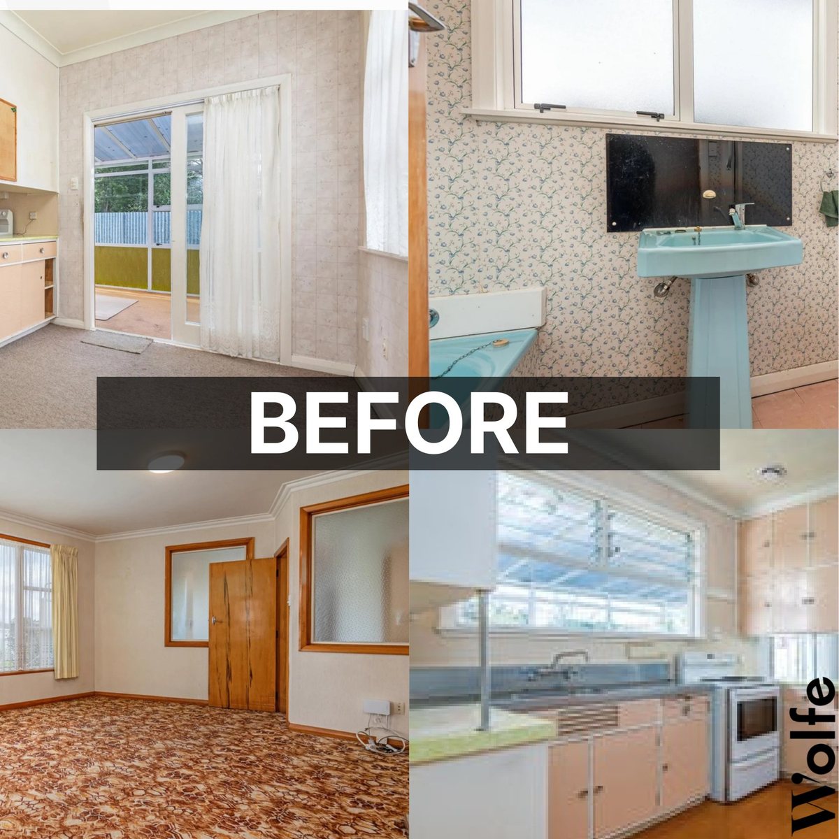 Before: original kitchens, bathrooms and carpet across the units